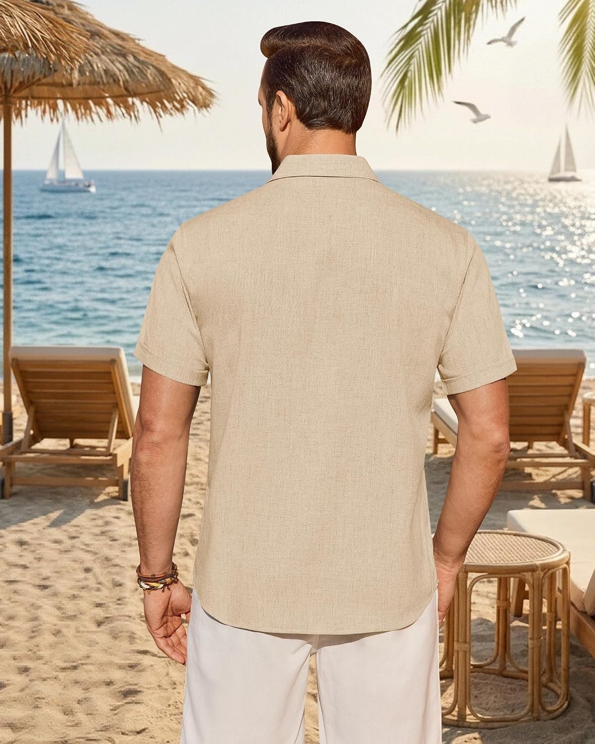 image:imageMens Linen Shirt Short Sleeve Button Down Shirt Summer Casual Beach TopsTan