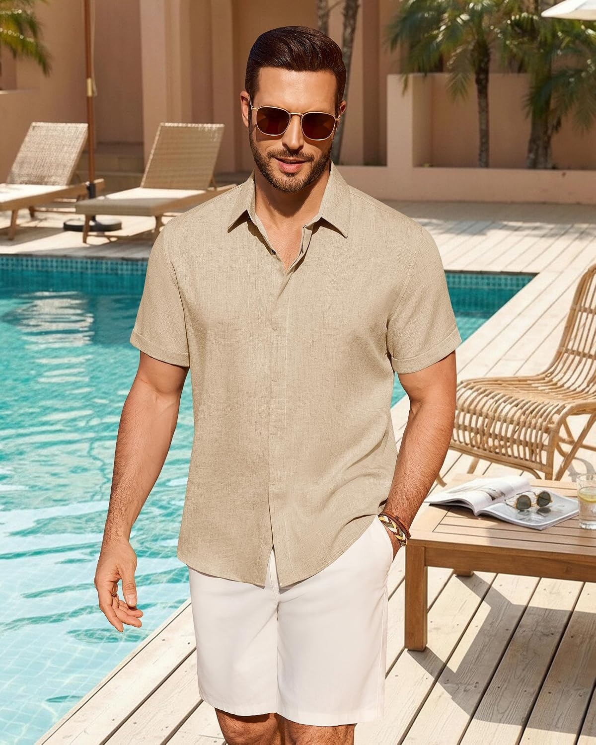 image:imageMens Linen Shirt Short Sleeve Button Down Shirt Summer Casual Beach TopsTan