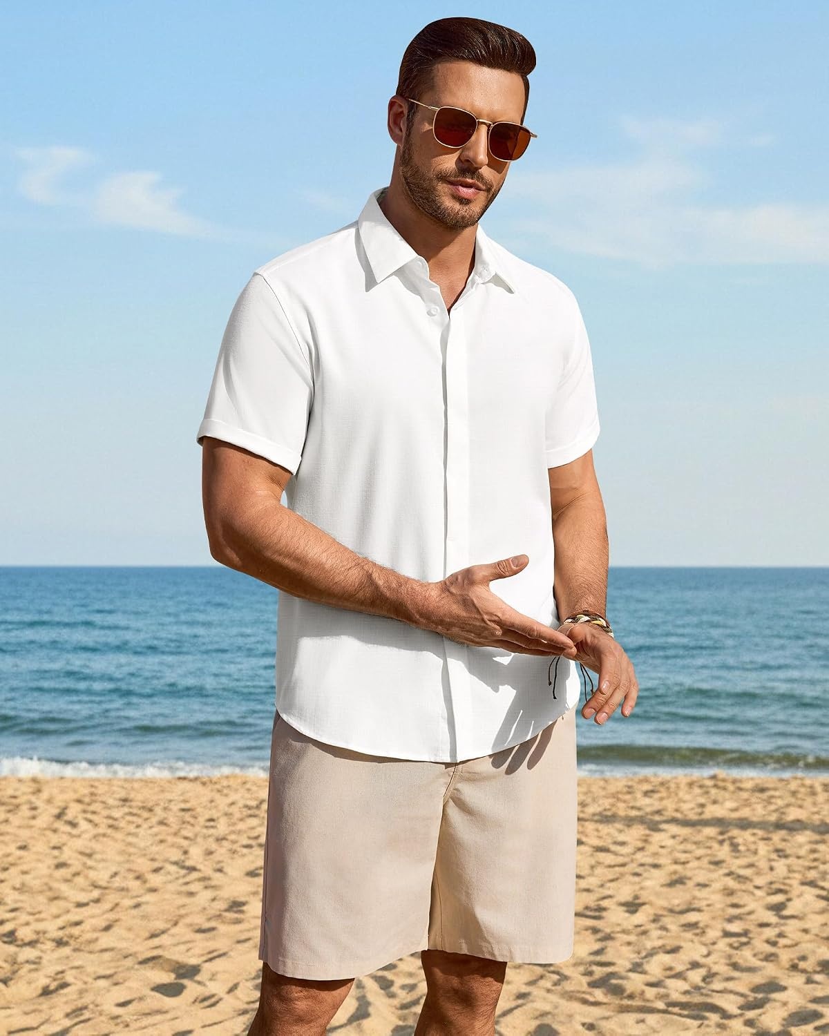 image:imageMens Linen Shirt Short Sleeve Button Down Shirt Summer Casual Beach TopsWhite