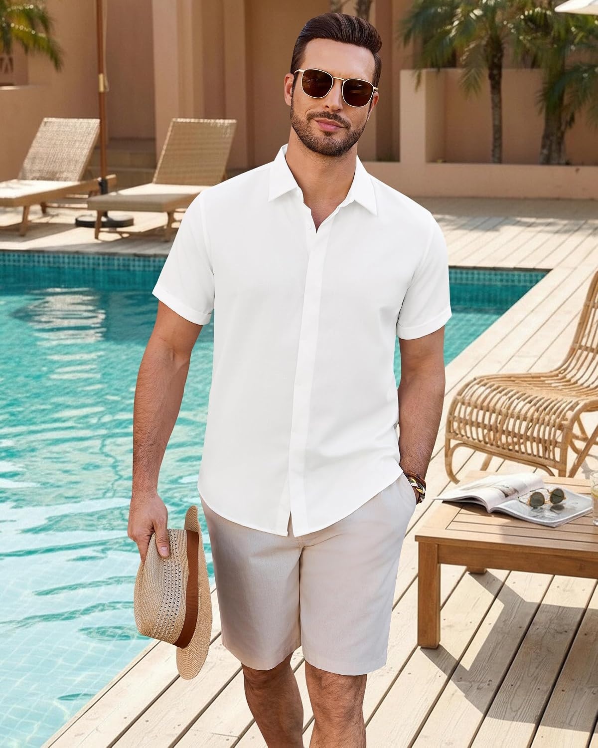 image:imageMens Linen Shirt Short Sleeve Button Down Shirt Summer Casual Beach TopsWhite