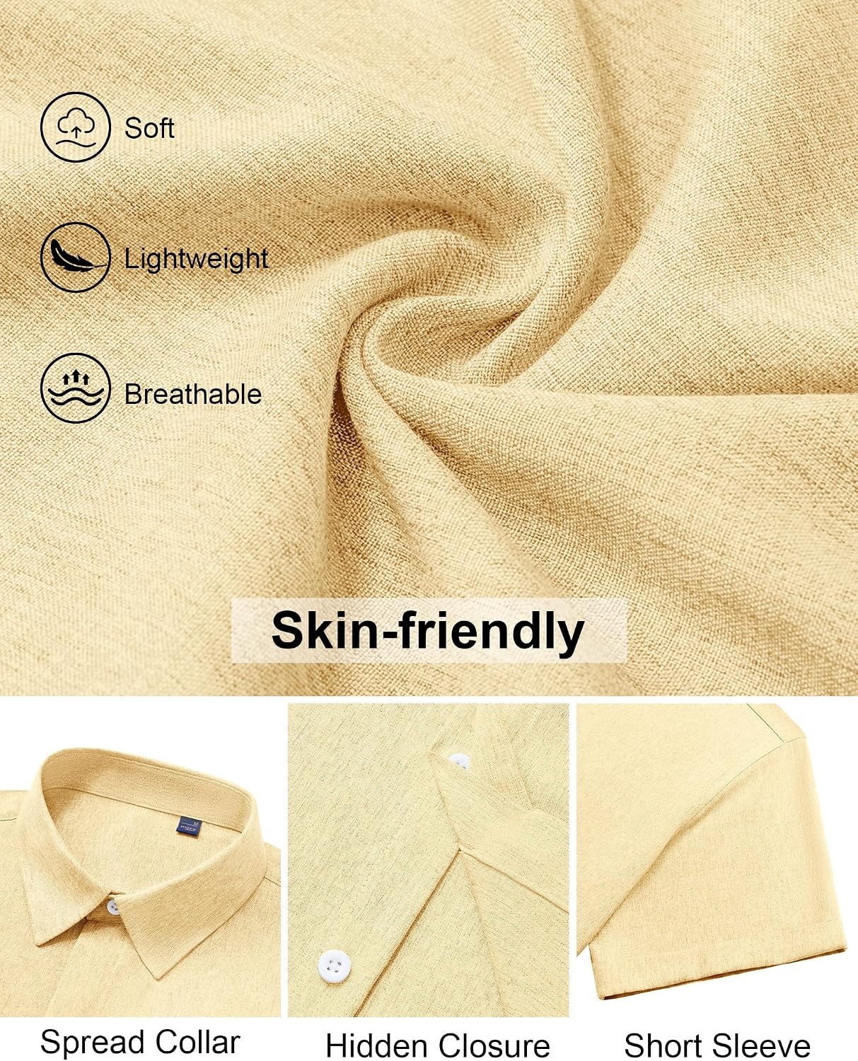 image:imageMens Linen Shirt Short Sleeve Button Down Shirt Summer Casual Beach TopsYellow