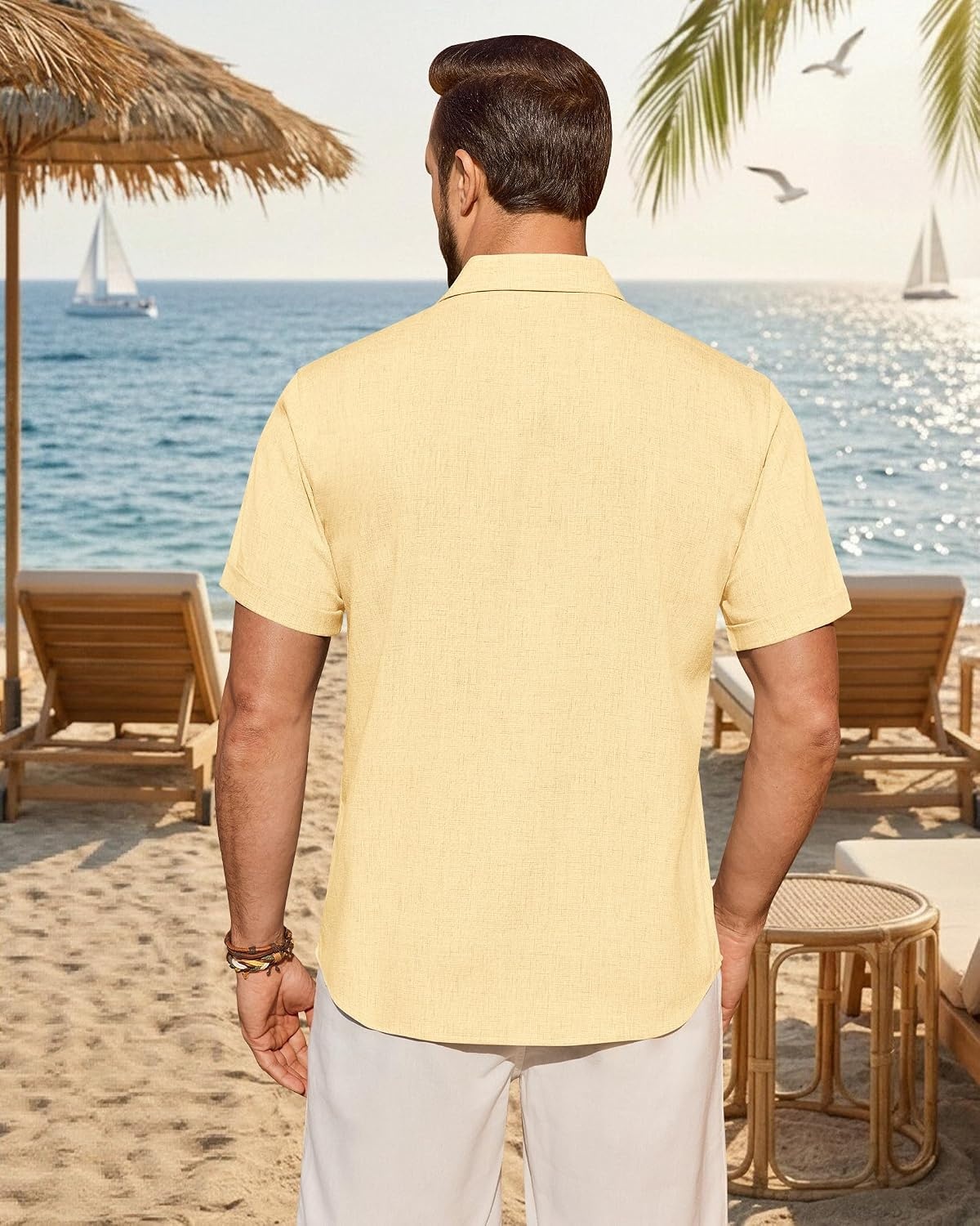 image:imageMens Linen Shirt Short Sleeve Button Down Shirt Summer Casual Beach TopsYellow