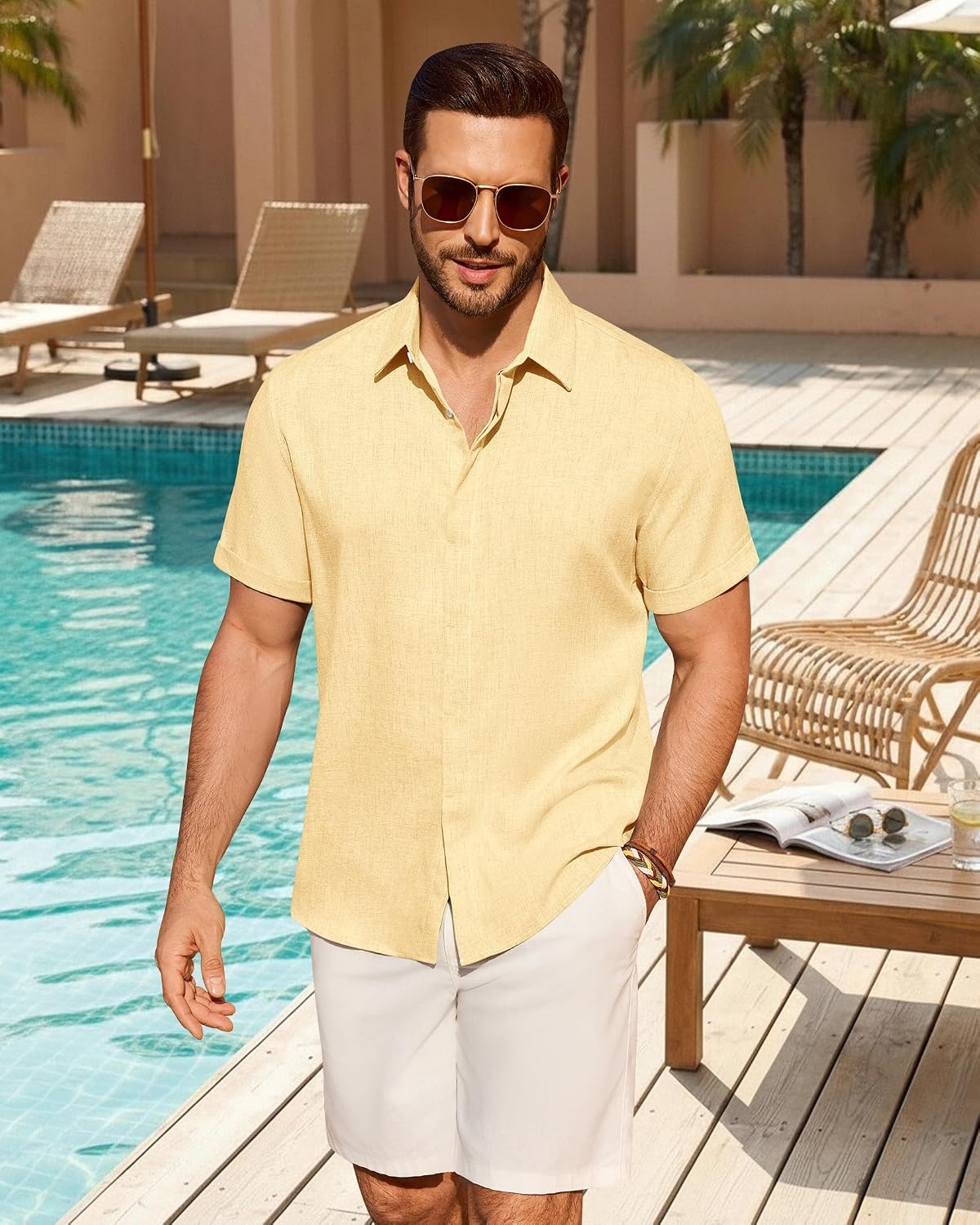 image:imageMens Linen Shirt Short Sleeve Button Down Shirt Summer Casual Beach TopsYellow