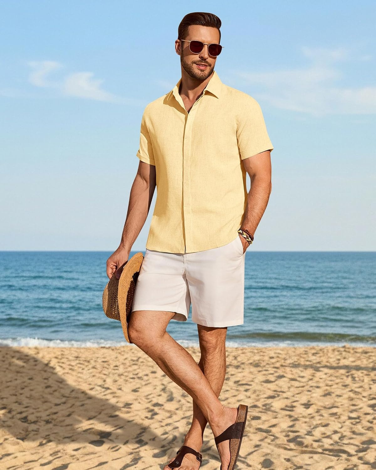 image:imageMens Linen Shirt Short Sleeve Button Down Shirt Summer Casual Beach TopsYellow