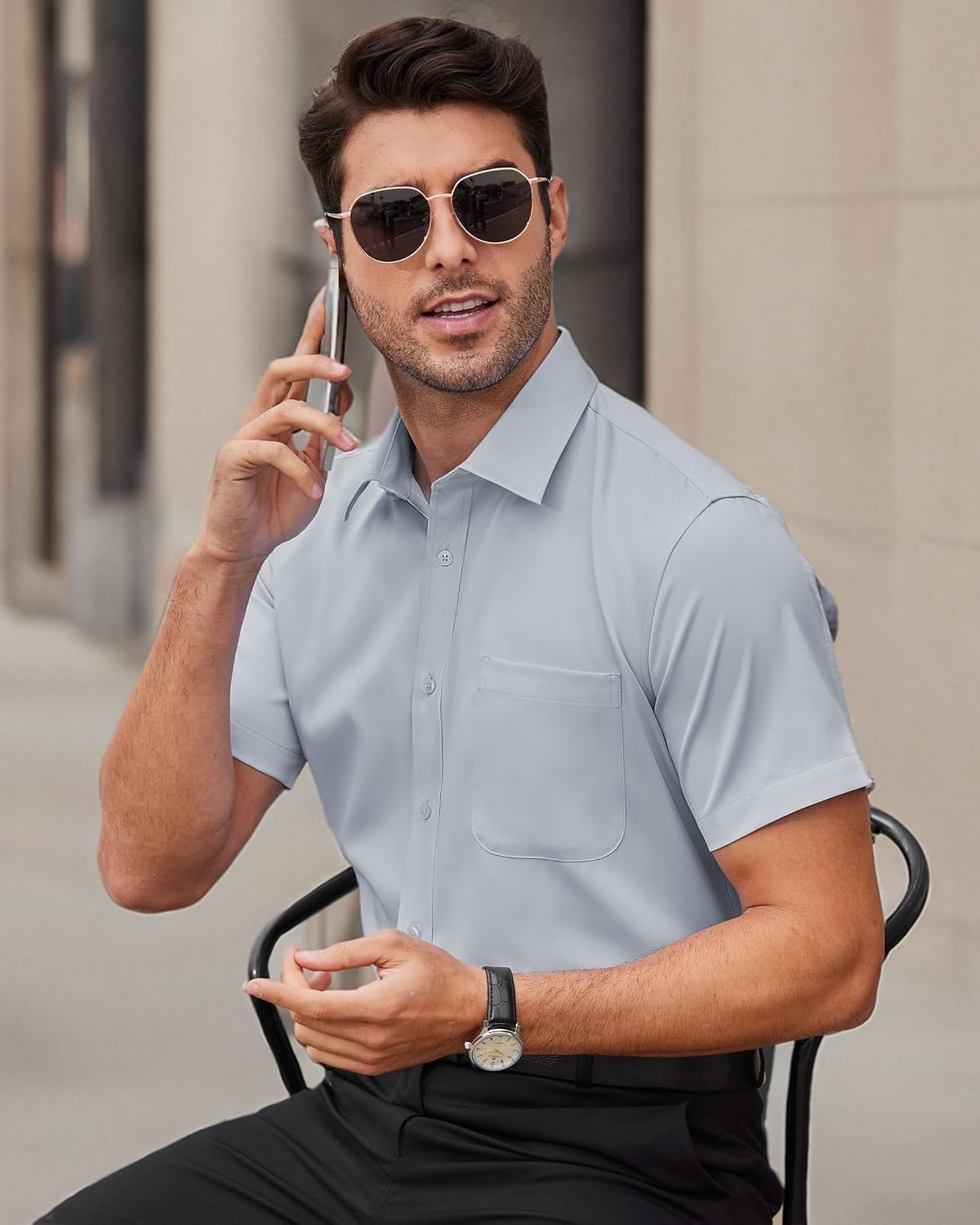 image:imageMens Short Sleeve Dress Shirt Wrinkle Free Summer Button Down ShirtsLight Grey