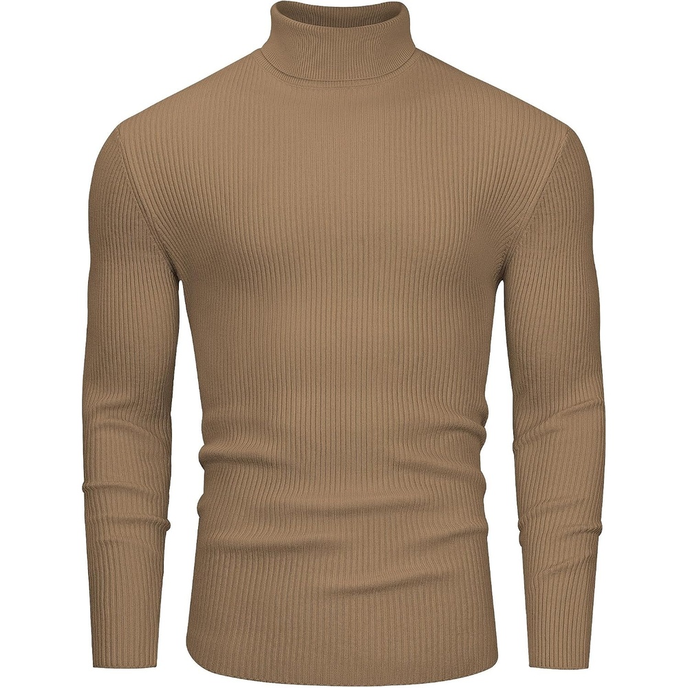 image:imageAlimens amp Gentle Mens Turtleneck Sweater Slim Fit Cable Knitted Casual Pullover Lightweight Ribbed Long Sleeve SweatersKhaki