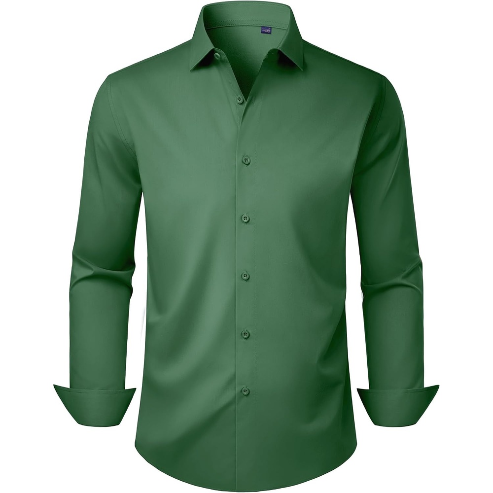 image:imageMens Dress Shirts Long Sleeve Stretch Wrinkle Free Work Button Down ShirtGreen