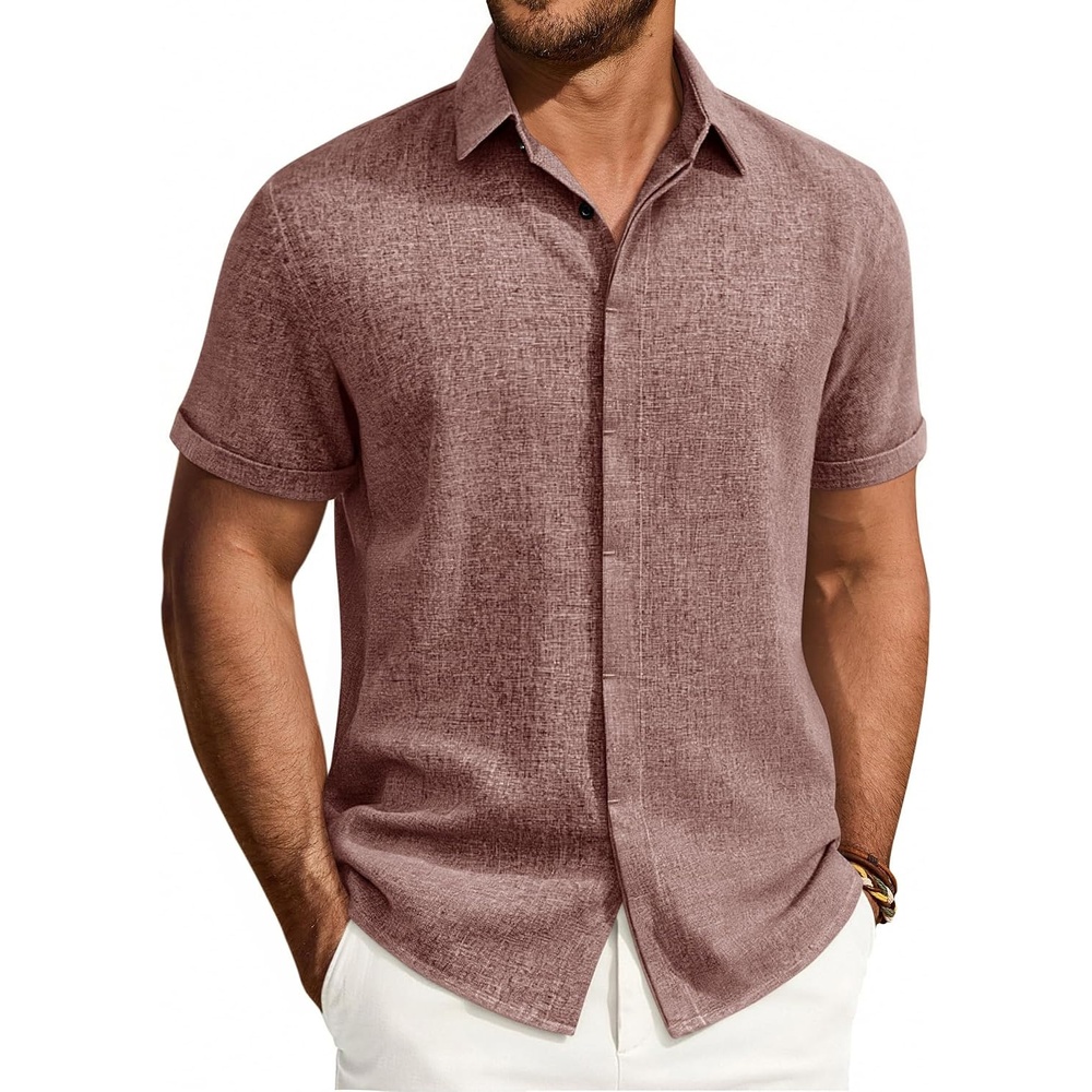 image:imageMens Linen Shirt Short Sleeve Button Down Shirt Summer Casual Beach TopsBurgundy
