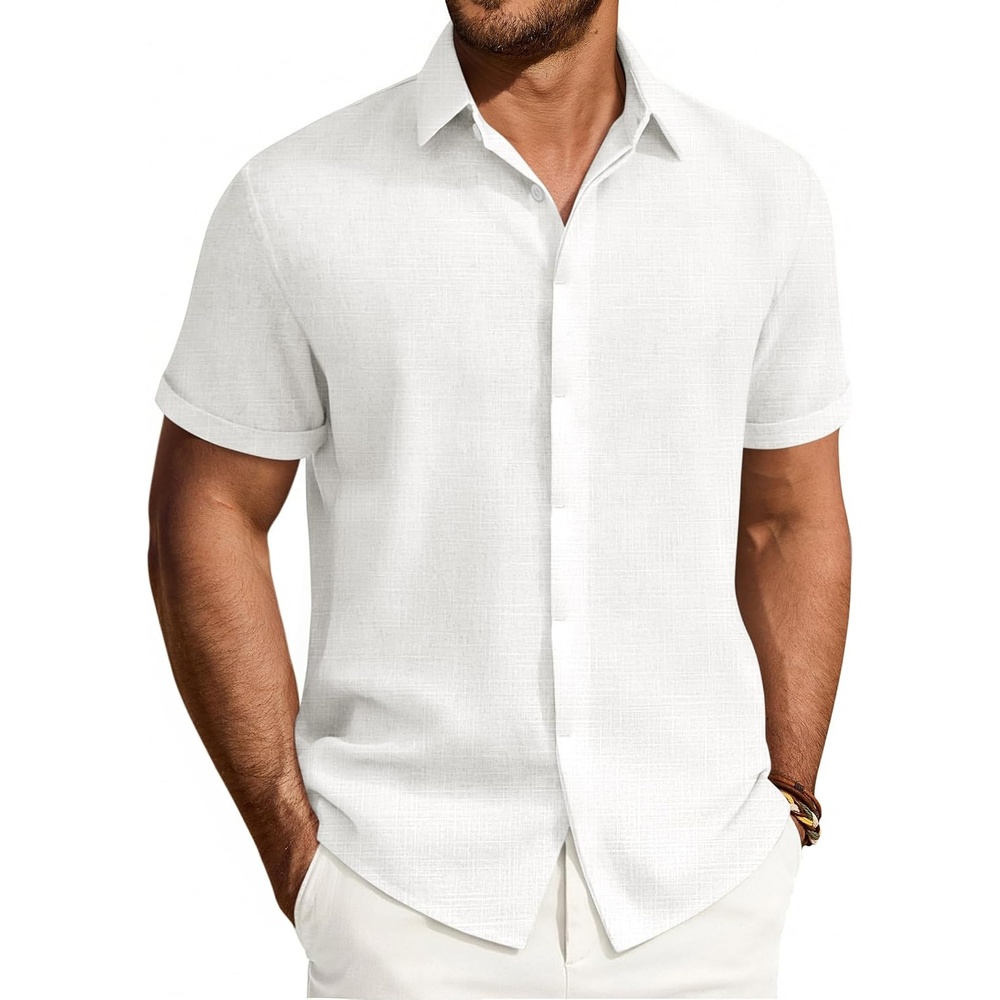 image:imageMens Linen Shirt Short Sleeve Button Down Shirt Summer Casual Beach TopsWhite
