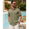Mens Linen Shirt Short Sleeve Button Down Shirt Summer Casual Beach Tops(Army Green)