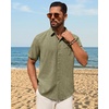 Mens Linen Shirt Short Sleeve Button Down Shirt Summer Casual Beach Tops(Army Green)