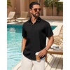 Mens Linen Shirt Short Sleeve Button Down Shirt Summer Casual Beach Tops(Black)