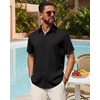 Mens Linen Shirt Short Sleeve Button Down Shirt Summer Casual Beach Tops(Black)