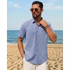 Mens Linen Shirt Short Sleeve Button Down Shirt Summer Casual Beach Tops(Blue)