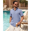 Mens Linen Shirt Short Sleeve Button Down Shirt Summer Casual Beach Tops(Blue)