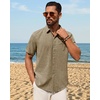 Mens Linen Shirt Short Sleeve Button Down Shirt Summer Casual Beach Tops(Brown)