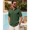 Mens Linen Shirt Short Sleeve Button Down Shirt Summer Casual Beach Tops(Dark Green)