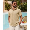 Mens Linen Shirt Short Sleeve Button Down Shirt Summer Casual Beach Tops(Khaki)