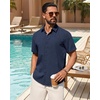 Mens Linen Shirt Short Sleeve Button Down Shirt Summer Casual Beach Tops(Navy Blue)