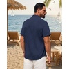Mens Linen Shirt Short Sleeve Button Down Shirt Summer Casual Beach Tops(Navy Blue)