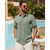 Mens Linen Shirt Short Sleeve Button Down Shirt Summer Casual Beach Tops(Olive Green)