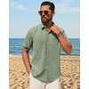 Mens Linen Shirt Short Sleeve Button Down Shirt Summer Casual Beach Tops(Olive Green)