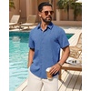 Mens Linen Shirt Short Sleeve Button Down Shirt Summer Casual Beach Tops(Royal Blue)