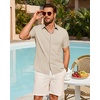 Mens Linen Shirt Short Sleeve Button Down Shirt Summer Casual Beach Tops(Stone)