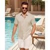 Mens Linen Shirt Short Sleeve Button Down Shirt Summer Casual Beach Tops(Stone)