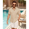 Mens Linen Shirt Short Sleeve Button Down Shirt Summer Casual Beach Tops(Tan)