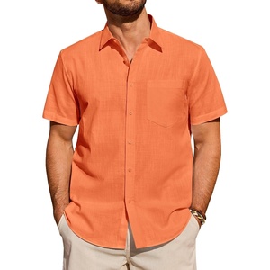 Alimens & Gentle Men’s Cotton Linen Short Sleeve Shirts Casual Solid Button Down Shirt Beach Summer Vacation Tops Orange 3XL