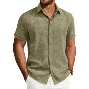 Mens Linen Shirt Short Sleeve Button Down Shirt Summer Casual Beach Tops(Army Green)