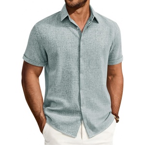 Mens Linen Shirt Short Sleeve Button Down Shirt Summer Casual Beach Tops(Dusty Blue)
