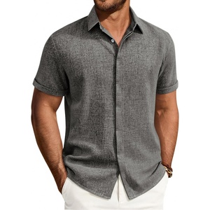 Mens Linen Shirt Short Sleeve Button Down Shirt Summer Casual Beach Tops(Grey)