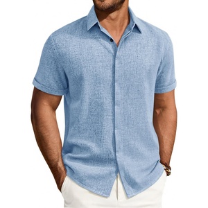 Mens Linen Shirt Short Sleeve Button Down Shirt Summer Casual Beach Tops(Light Blue)