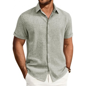 Mens Linen Shirt Short Sleeve Button Down Shirt Summer Casual Beach Tops(Light Grey)