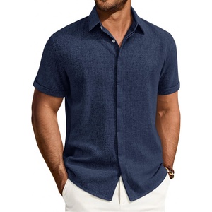 Mens Linen Shirt Short Sleeve Button Down Shirt Summer Casual Beach Tops(Navy Blue)