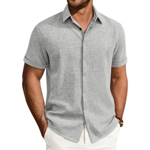 Mens Linen Shirt Short Sleeve Button Down Shirt Summer Casual Beach Tops(Pale Grey)