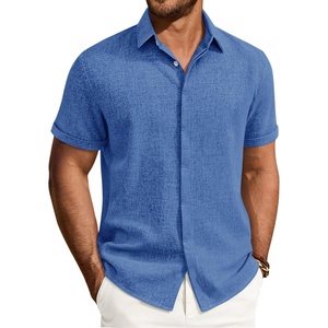 Mens Linen Shirt Short Sleeve Button Down Shirt Summer Casual Beach Tops(Royal Blue)