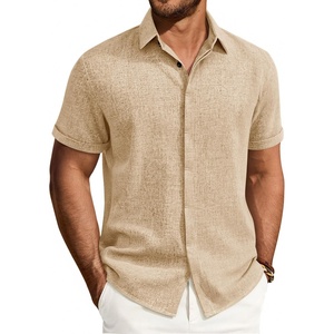 Mens Linen Shirt Short Sleeve Button Down Shirt Summer Casual Beach Tops(Tan)