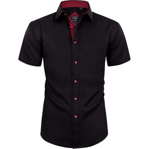 Mens Short Sleeve Dress Shirt Wrinkle Free Summer Button Down Shirts(Black Red)
