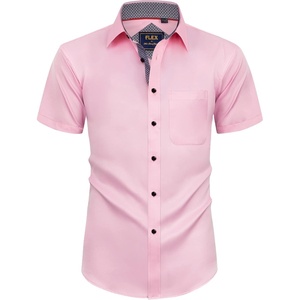 Mens Short Sleeve Dress Shirt Wrinkle Free Summer Button Down Shirts(Pink)
