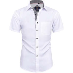 Mens Short Sleeve Dress Shirt Wrinkle Free Summer Button Down Shirts(White Grey)
