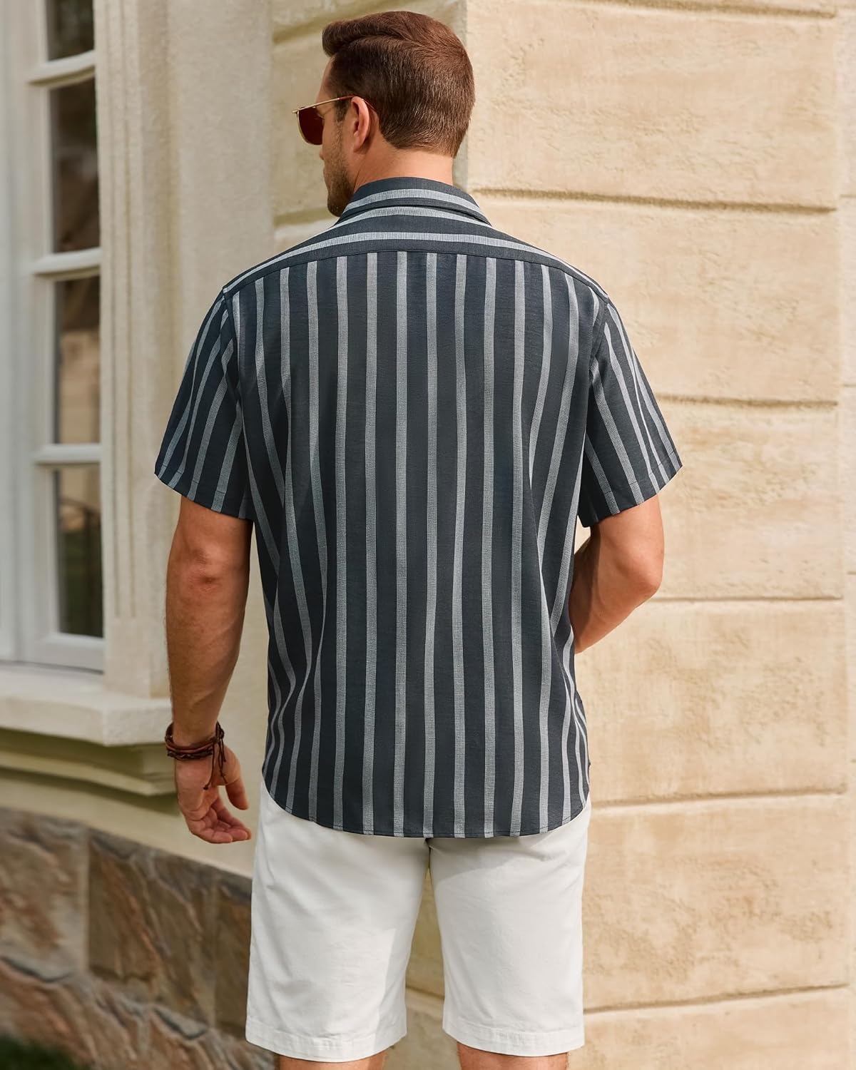 image:imageMens Linen Shirt Striped Short Sleeve Button Down Summer Beach ShirtNavy Blue