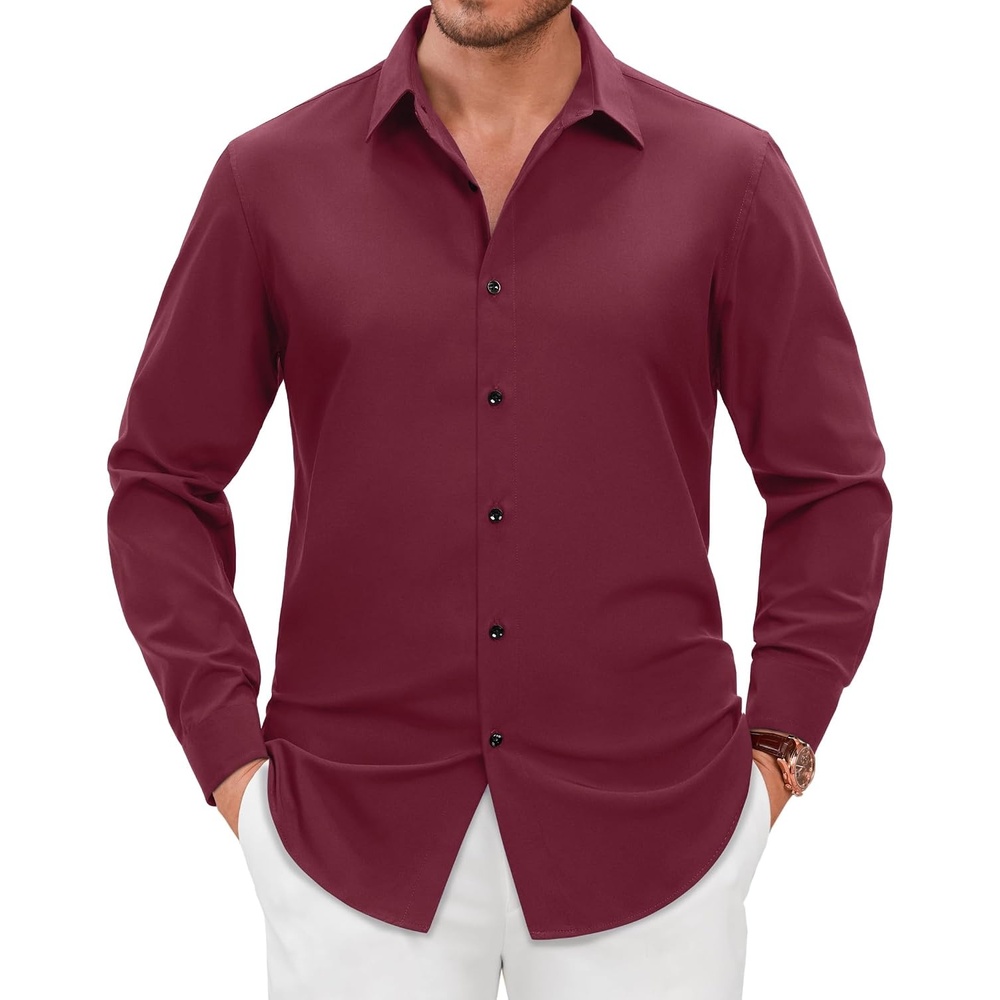 image:imageMens Dress Shirts Long Sleeve Wrinkle Free Business Button Up ShirtsBurgundy