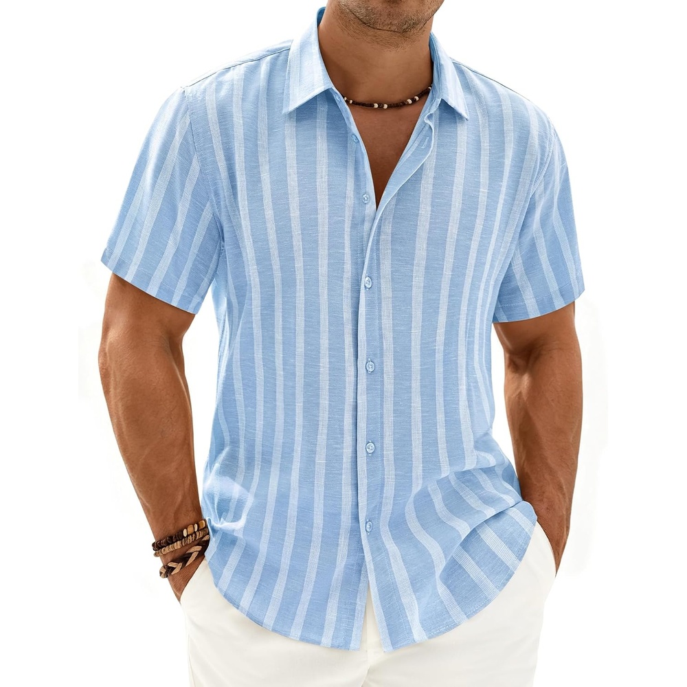 image:imageMens Linen Shirt Striped Short Sleeve Button Down Summer Beach ShirtLight Blue