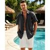 Mens Linen Shirt Striped Short Sleeve Button Down Summer Beach Shirt(Black)