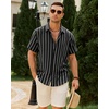 Mens Linen Shirt Striped Short Sleeve Button Down Summer Beach Shirt(Black)