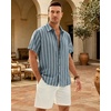Mens Linen Shirt Striped Short Sleeve Button Down Summer Beach Shirt(Blue)