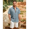 Mens Linen Shirt Striped Short Sleeve Button Down Summer Beach Shirt(Blue)